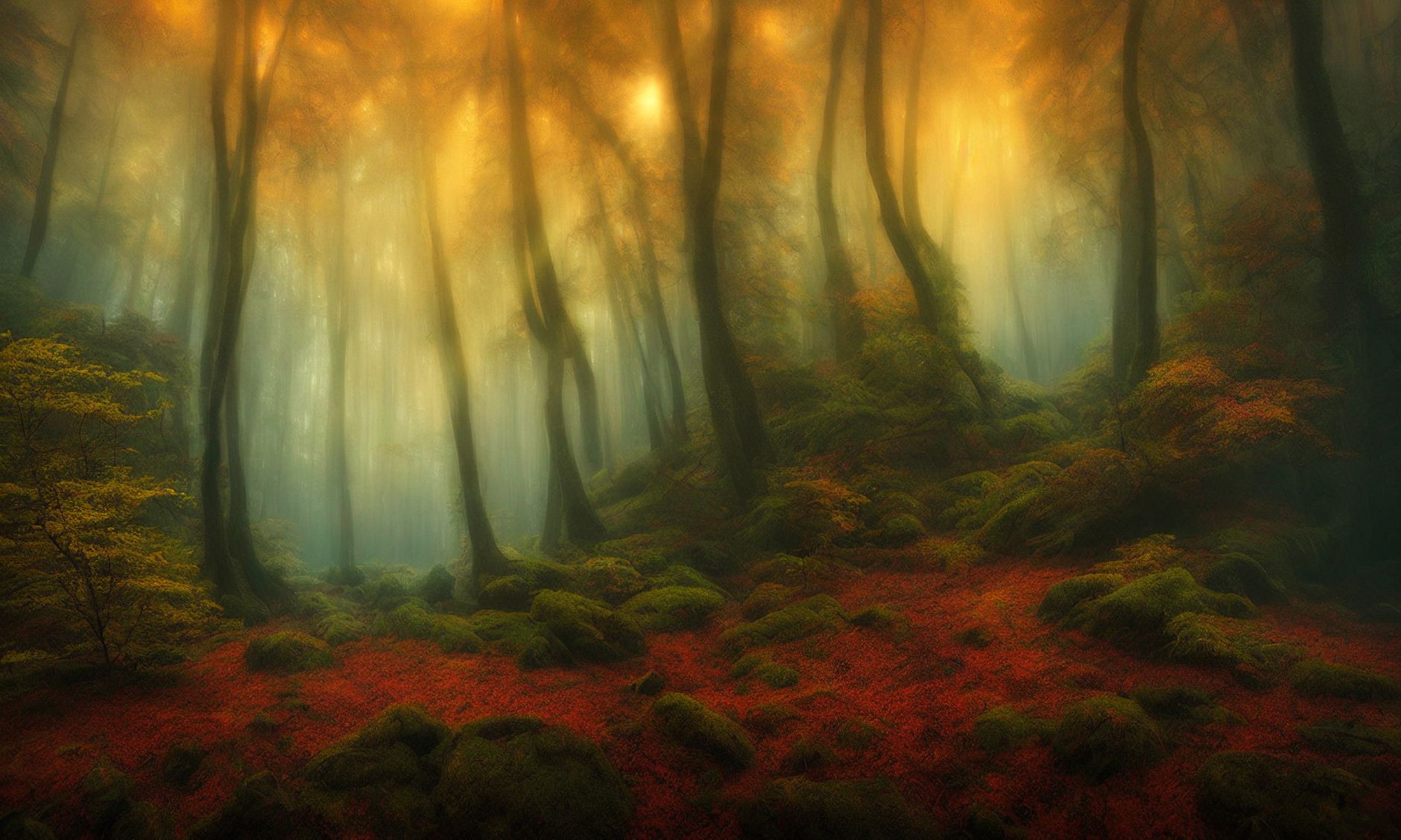 霧に包まれた幻想的な秋の森