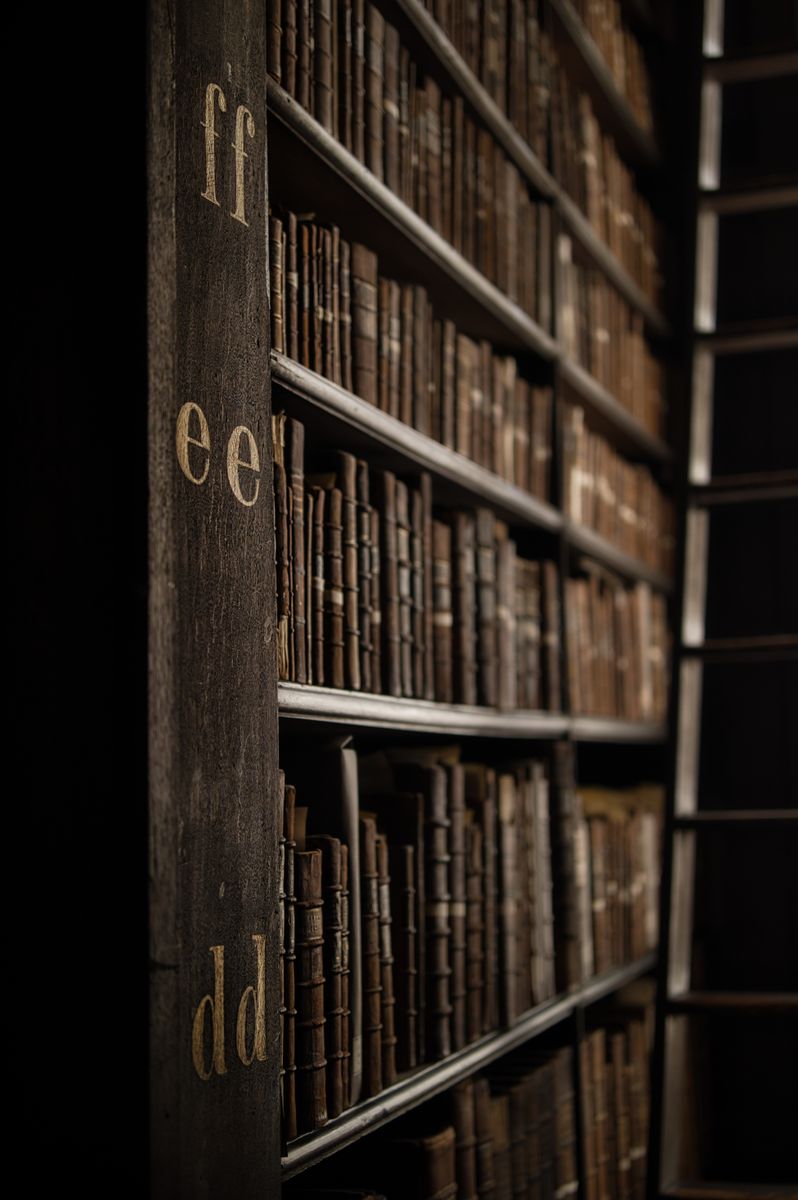 古い図書館の書架に並ぶ革装丁の本