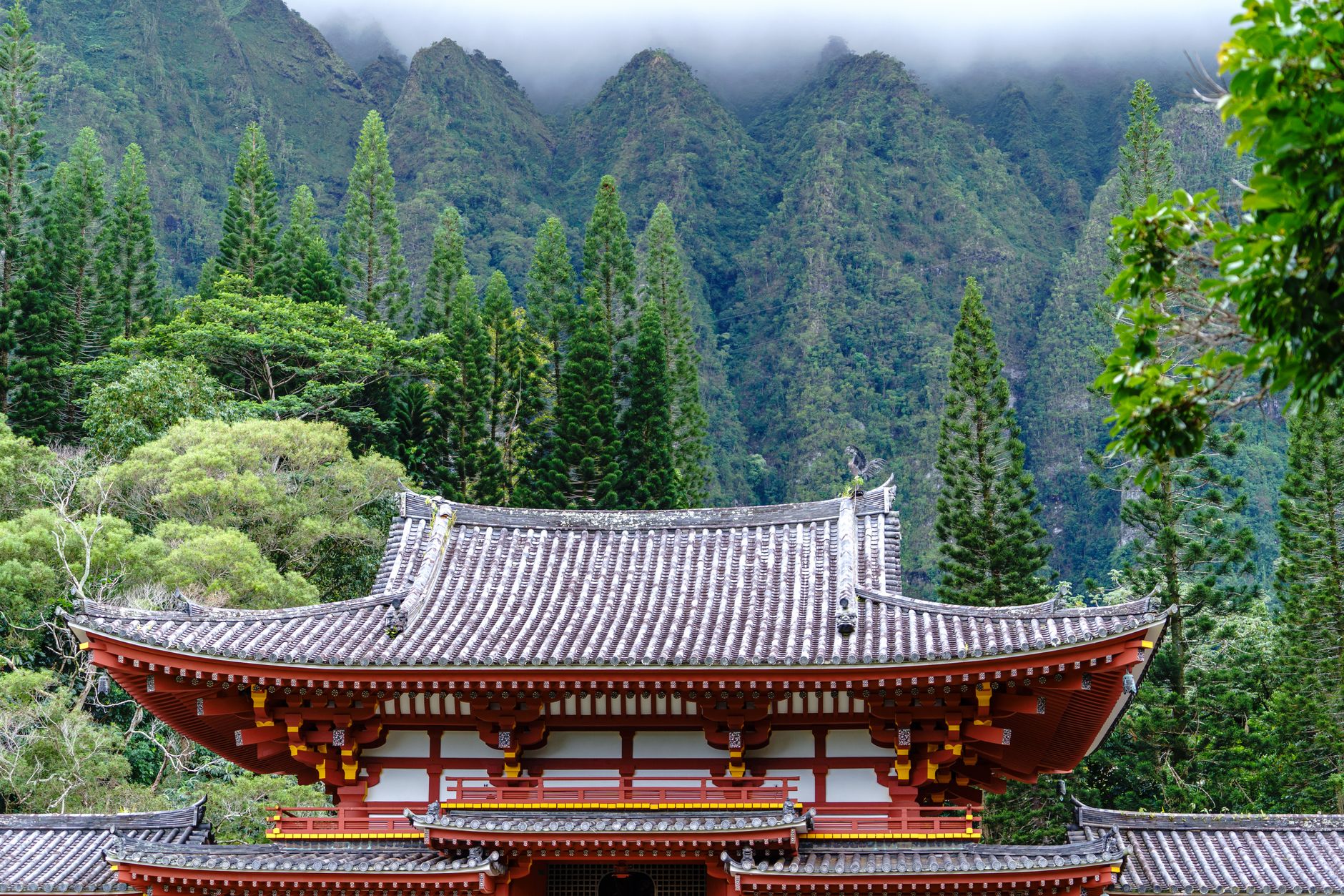 Explore the tranquil beauty of a Japanese temple set against lush Hawaiian mountains.