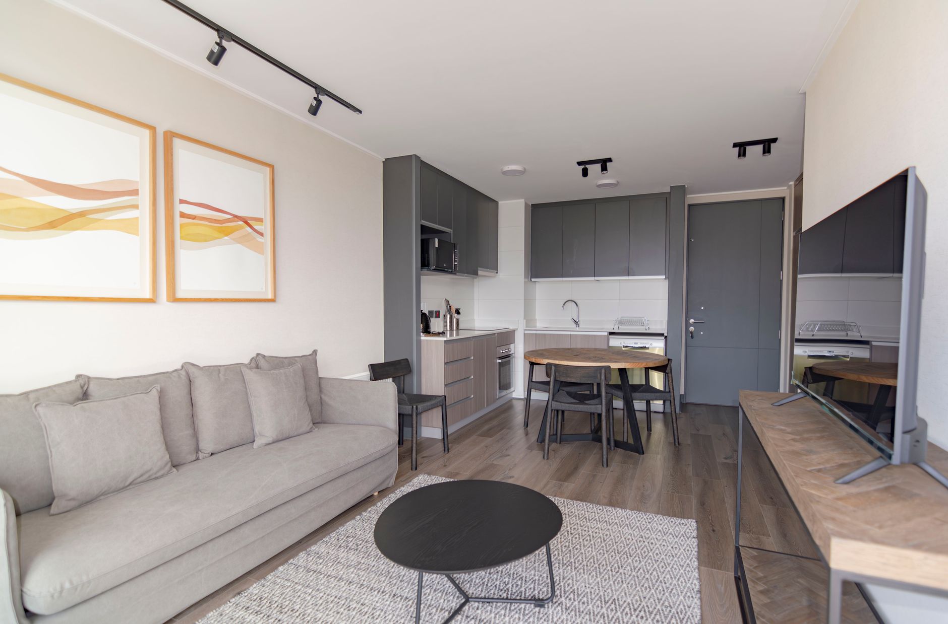 Elegant modern living space with grey couch, minimalist decor, and open kitchenette.